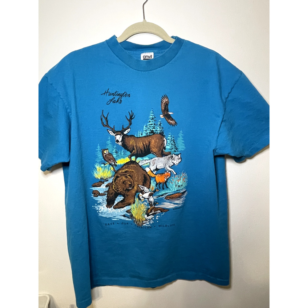 Blue Single-Stitch Huntington Lake Nature with Deer 1990 Vintage Tee Size XL
